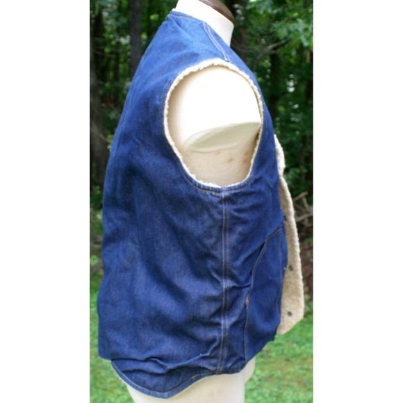 VTG 70s 80s Come On Strong Men L Sherpa Lined Blue Jean Vest Ranch Denim Western - Picture 10 of 15